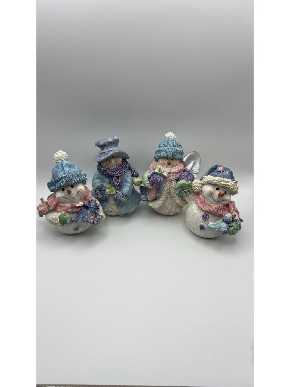Set Of 4 Hand-Painted Snowman Figurines - Winter Holiday Decor - Knitted Hat & S